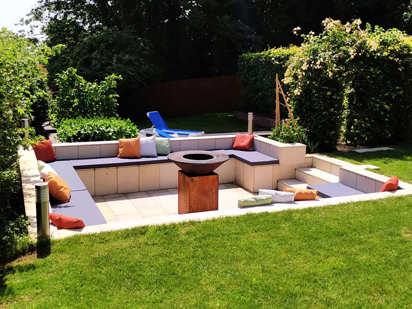 Bespoke Outdoor furnitue seat cushions for a sunken, firepit seating area