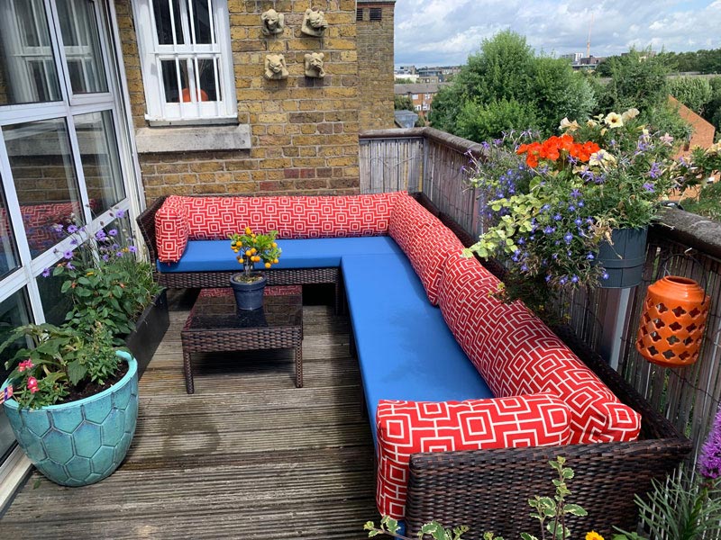 Bespoke Outdoor seat and cushions for a balcony terrace seating area