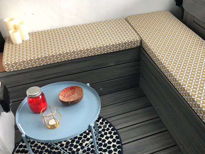 Outdoor cushions made to perfectly fit a 90 degree corner.