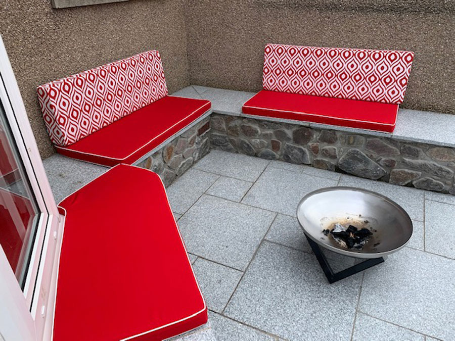 Outdoor patio cushions for a concrete/tiled seating area